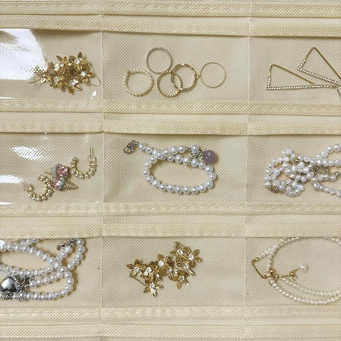 1 Pack Hanging Jewelry Organizer 80-Pocket Dual-sided Jewelry Storage for Earring Necklace Bracelet Ring Travel Holder, Black and Beige