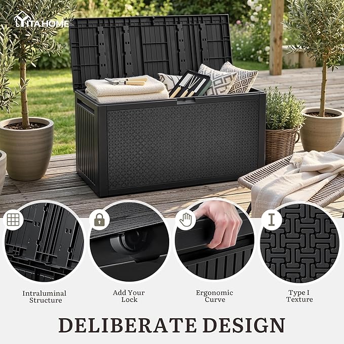 YITAHOME 90 Gallon Outdoor Deck Box, Lockable Resin Deck Box with Handles, Outdoor Storage Box for Patio Furniture, Garden Tools, Waterproof & UV Resistant, Black