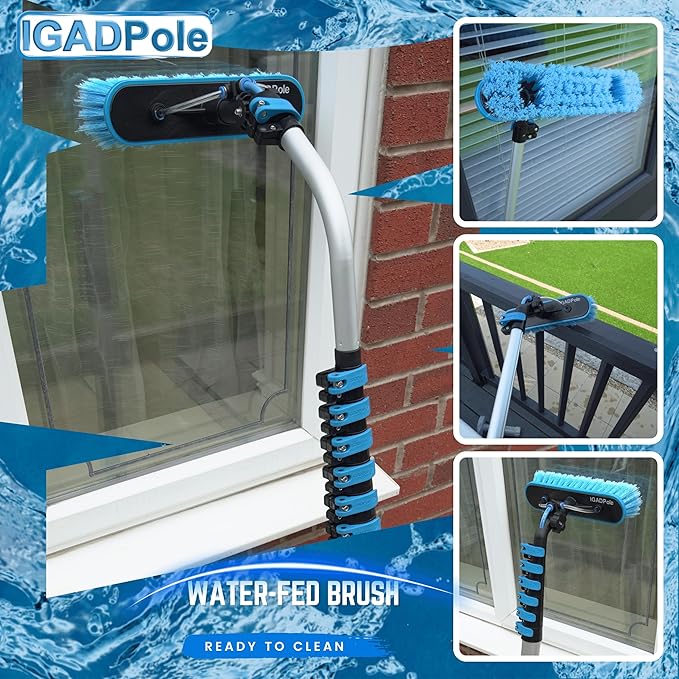 IGADPole 24 FT Water-Fed Washing Kit with Soap-Dispenser, Brush, 10″ Squeegee & Cobweb Duster for Windows, Gutters, Solar Panels & Exterior Walls