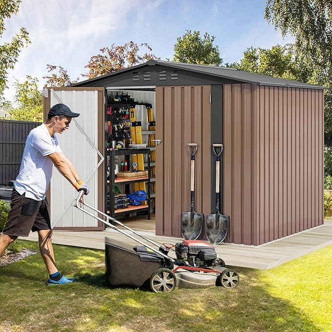 DWVO 8x6FT Outdoor Storage Shelter, Roomy Steel Tool Shed with Secure Entrances & Air Circulation for Patio, Lawn, and Backyard, Ideal for Storing Garden Gear, Lawn Tools, and Bikes, Brown