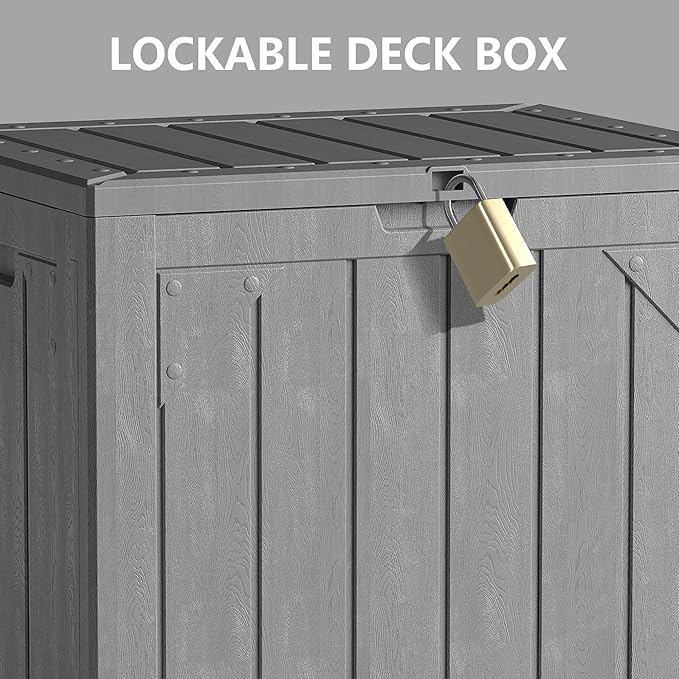Outdoor Storage Deck Box Waterproof,30 Gallon Lockable Patio Package Delivery Bin as Seat, Resin Storage Container Bench for Furniture Cushions, Pool Accessories, Garden Tools, Grey