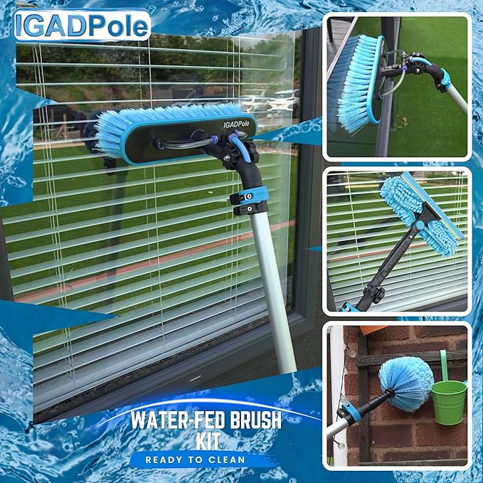 IGADPole 20 FT Water-Fed Washing Kit with Soap-Dispenser, Brush, 10″ Squeegee & Cobweb Duster for Windows, Gutters, Solar Panels & Exterior Walls