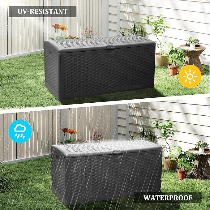 Outdoor Storage Deck Box Waterproof,90 Gallon Lockable Patio Package Delivery Bin as Seat, Resin Storage Container Bench for Furniture Cushions, Pool Accessories, Garden Tools, Black