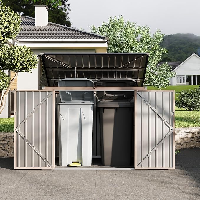 3x6 FT Metal Trash Can Shed, 2-Bin Outdoor Garbage Storage with Chain Lid, Weather-Resistant Bin Enclosure for Garden/Backyard/Patio
