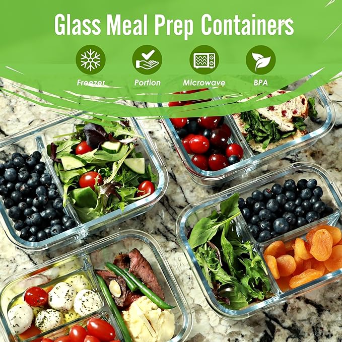 2 & 3 Compartment Glass Meal Prep Containers (4 Pack, 32 oz) - Glass Food Storage Containers with Lids, Bento Box, Portion Control, Airtight, Oven & Freezer safe, Food Container, Lavender