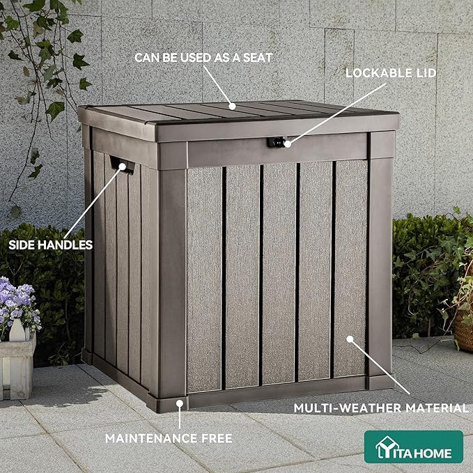 YITAHOME Deck Box, 51 Gallon Weatherproof Outdoor Storage Container for Patio Cushions, Pool Supplies, Garden Tools, Lockable Lid and Side Handles, Light Brown