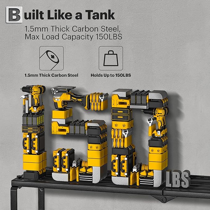 Power Tool Organizer Wall Mount, 15 Min Assembly & Maximum 100lb load by Heavy Duty Metal, 8 Drill Holder, 3 Layers Garage organization and Storage Rack, Tool Shelf With Battery Holder