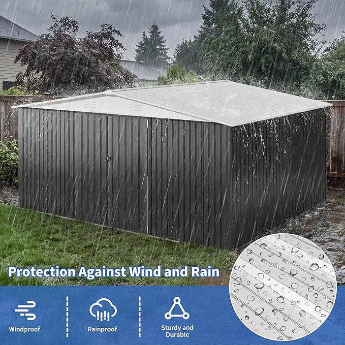 12x14 FT Storage Shed,Garden Shed with Updated Frame Structure and Lockable Doors, Metal Tool Sheds for Backyard Garden Patio Lawn,White