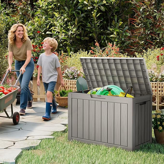 Outdoor Storage Box, 50 Gallon Deck Box Waterproof, Resin Patio Storage Bin for Package Delivery, Patio Furniture Cushion, Garden Tools, Pool Accessories, Weatherproof, Grey