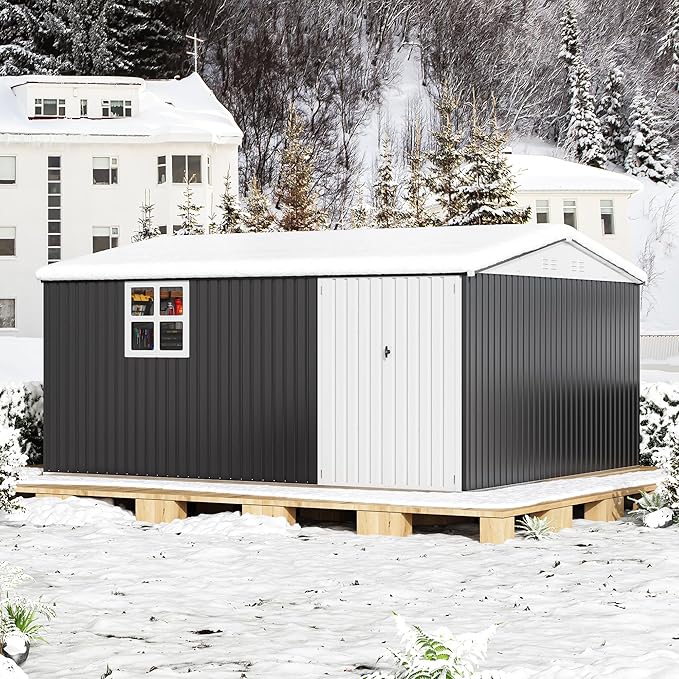 14x12 FT Outdoor Metal Storage Shed with Window, Heavy-Duty Galvanized Steel Tool Shed with Lockable Doors, Waterproof Garden Shed for Backyard, Patio, Lawn, Black