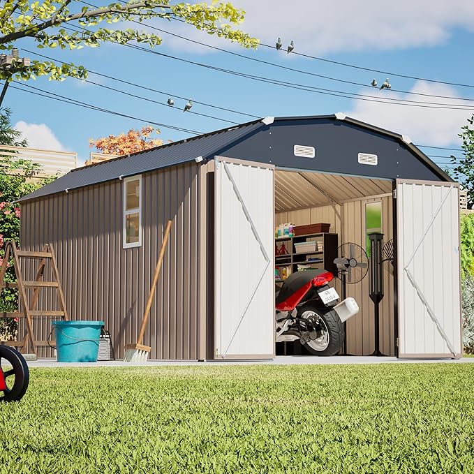 10×12 FT Outdoor Storage Shed,Heavy-Duty Metal Shed with Floor Base,All Weather Waterproof Tool Shed W/Diamond Roof & Windows,Lockable Double Door & 4 Air Vents,for Backyard,Patio,Lawn,Brown