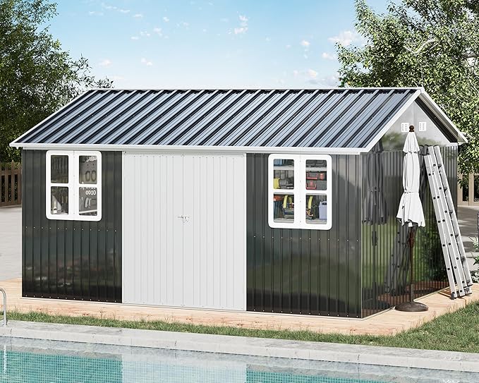 VanAcc 10 x 14FT Outdoor Storage Shed with a Lockable Hinged Door and 2 Windows, Nordic Cottage Metal Shed for Backyard, Garden, Patio, Dark Grey/White