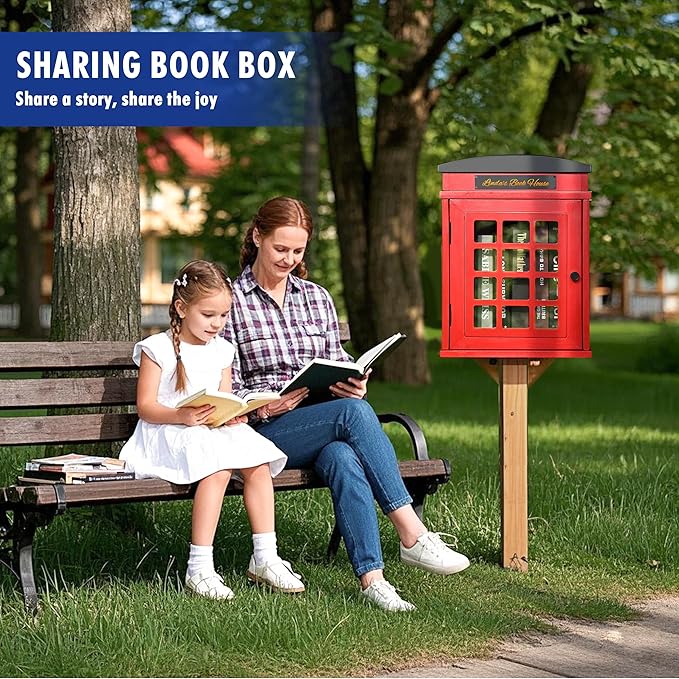 Outdoor Book Sharing Box, Waterproof Tin Roof Wooden Book Exchange Cabinet for Communities, Neighborhoods, and Schools, DIY Literature Storage for Books, Magazines, and Art (Red Tel. Booth)