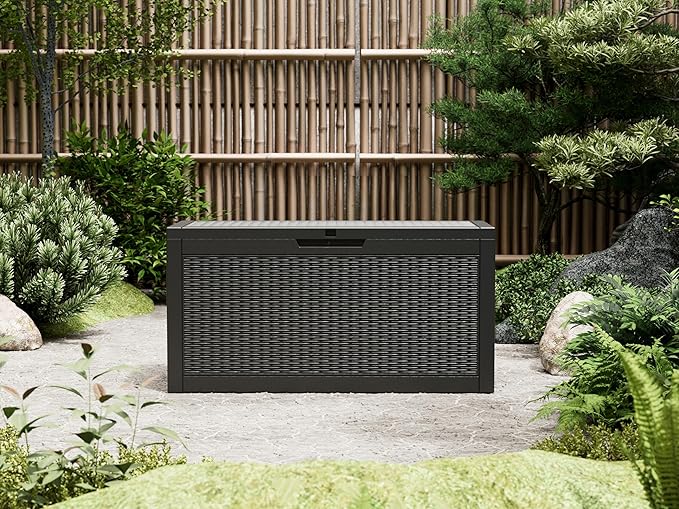 71 Gallon Outdoor Storage Box, Resin Deck Boxes Outdoor Waterproof For Patio Furniture, Garden Tools, Pool Supplies, Lockable And UV Resistant (Rattan Black)