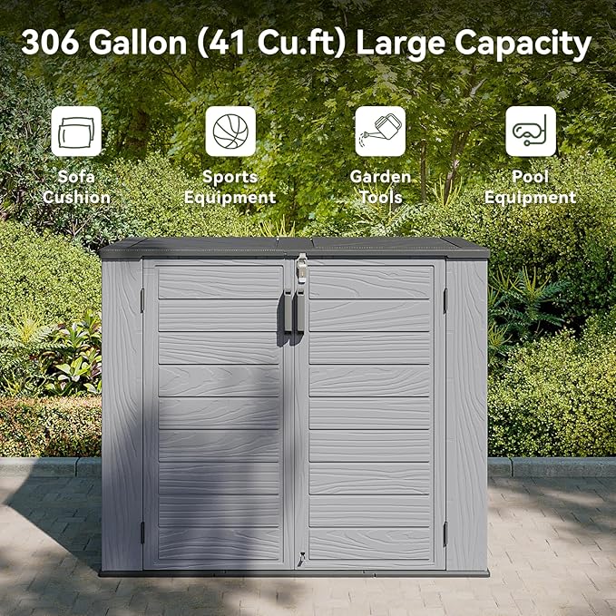 AOXUN Horizontal Storage Sheds 41 Cu.ft, HDPE Outdoor Storage Box 160 Gallon, Waterproof Lockable Resin Deck Box with Spring-Assisted Lid, Patio Storage for Garden, Pool, Cushions, Tools, Gray