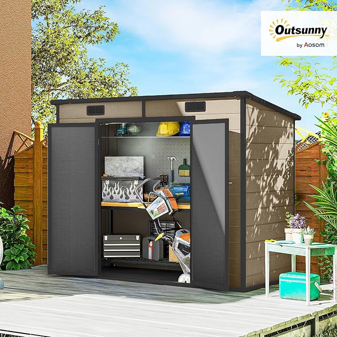 Outsunny 8' x 4' Outdoor Storage Shed, Waterproof Resin Plastic Shed with Floor, Window, Lockable Door and Vents, All-Weather Garden Tool Shed for Backyard, Patio, Lawn, Brown