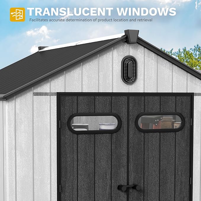 DWVO 8x8 FT Outdoor Storage Shed, Large Extra Thick Plastic Storage Shed with Oval Vision Windows & Lockable Door, 16mm Heavy Duty Outside Garden Shed with Floor & Vents for Patio Tool, Black&Gray