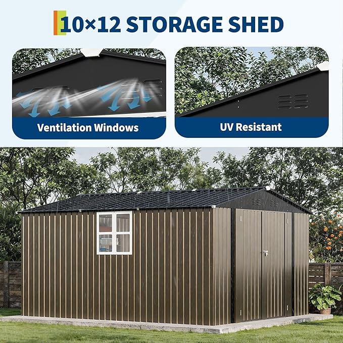 GarveeLife 10 x 12 FT Metal Storage Shed for Outdoor with Floor Frame&Clear Window,Steel Yard Shed with Design of Lockable Doors, Utility and Tool Storage for Garden, Backyard, Patio, Outside, Brown