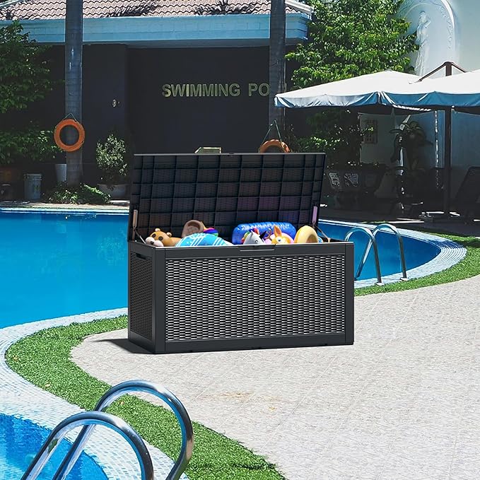 Oudoor Storage Box, 100 Gallon Resin Waterproof Deck Box Outside, Lockable Lid for Delivery Box, Patio, Indoor, Garden Tools, Pool Supplies - Black