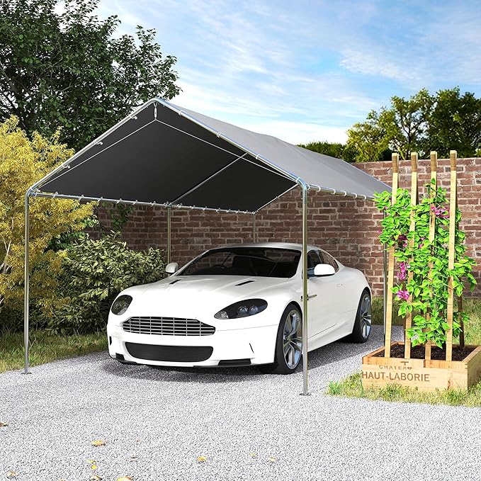 Outsunny 10'x20' Carport Outdoor Heavy Duty Party Tent Galvanized Car Canopy with Included Anchor Kit, 3 Reinforced Steel Cables, Gray