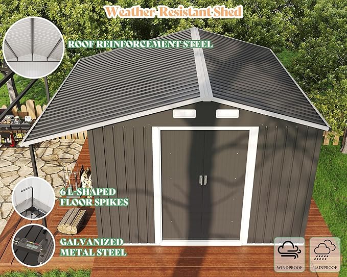 Jocisland Outdoor Storage Shed 10.6x10.3x6.3 FT, Sliding Door Shed with Dual 4-Pane Windows for Wood Storage, Dark Grey/White