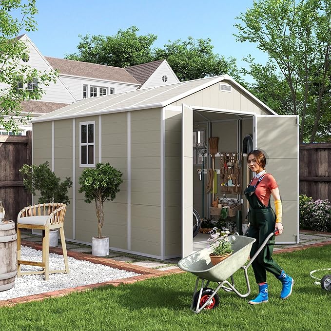 UDPATIO Outdoor Storage Shed 7.5x10.7 FT, Plastic Sheds & Resin Outside Storage for Trash Can, Bike, Lawnmower, Generator, Tool Shed with Lockable Door for Backyard, Lawn, Patio, Sandstone