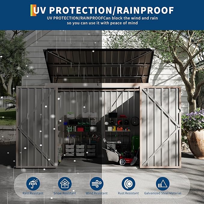 3x6 FT Metal Trash Can Shed, 2-Bin Outdoor Garbage Storage with Chain Lid, Weather-Resistant Bin Enclosure for Garden/Backyard/Patio