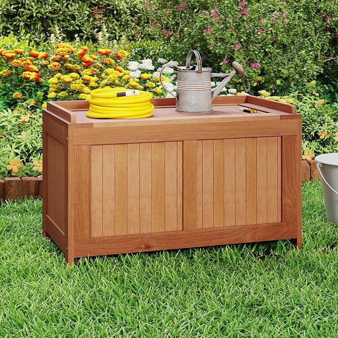 RELAX4LIFE Wood Deck Box, 52 Gallon Backyard Storage Bin Container for Patio Furniture Cushions, Pillows, Garden Tools, Pool Accessories, Wooden Porch Bench, Indoor Outdoor Storage Box (52 Gal)