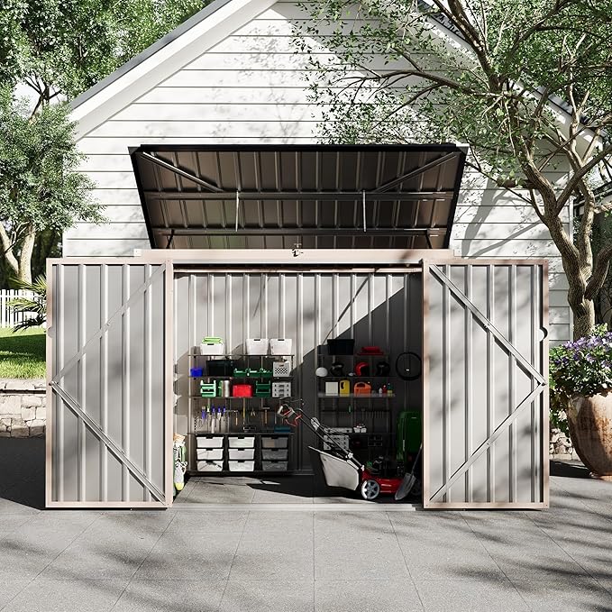 3x6 FT Metal Trash Can Shed, 2-Bin Outdoor Garbage Storage with Chain Lid, Weather-Resistant Bin Enclosure for Garden/Backyard/Patio