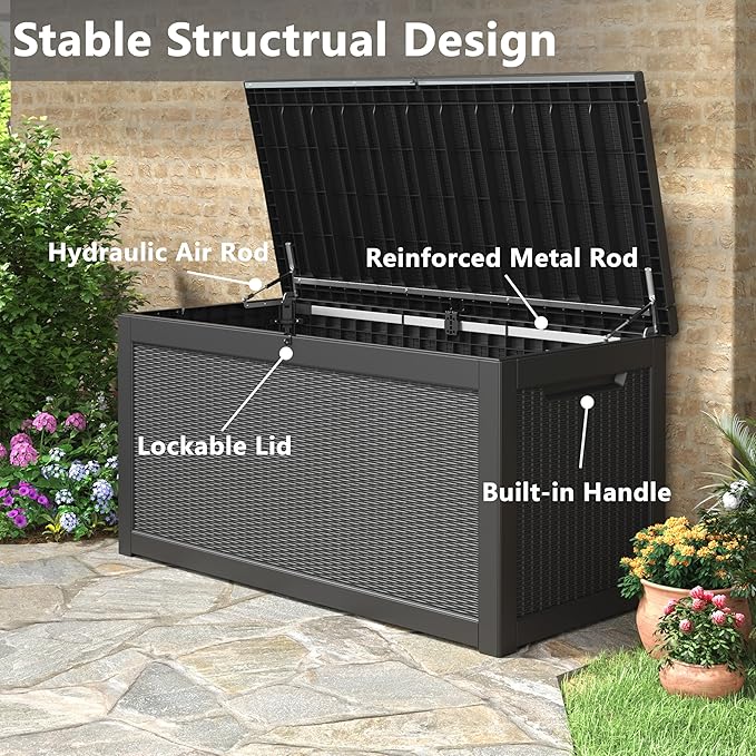 320 Gallon Outdoor Storage Box, Resin Deck Boxes Outdoor Waterproof For Patio Furniture, Garden Tools, Pool Supplies, Lockable And UV Resistant (Rattan Black)