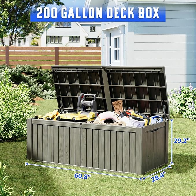 Oudoor Storage Deck Boxes Waterproof, Waterproof and UV Resistant Outdoor Storage Box Lockable Lid for Delivery Box, Indoor, Garden Tools, Pool Supplies, Patio (Grey, 220 Gallon)