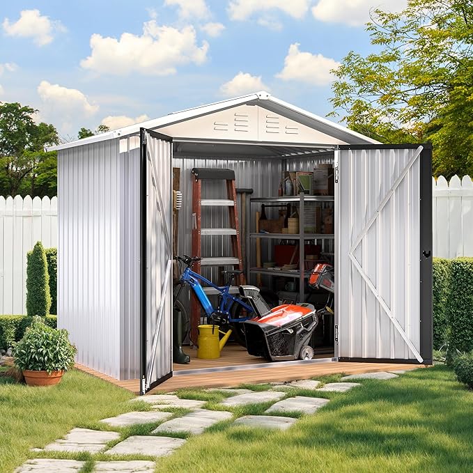 DWVO 6x4ft Tool Storage Shed, Lockable Doors, and Sloped Roof, Steel Outdoor Storage Shed for Garden, Patio, Garage, Backyard, Lawn - White