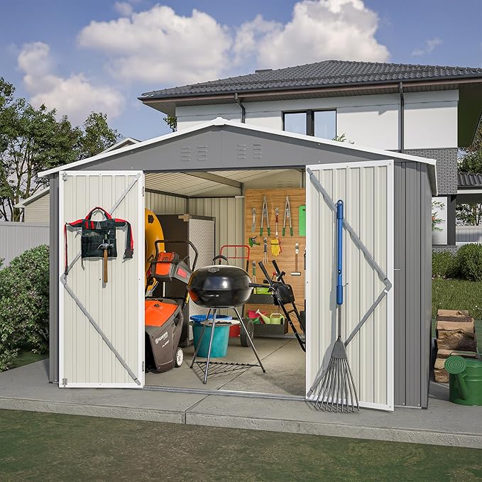 10×10 FT Outdoor Storage Shed,Metal Aluminum Waterproof Tool Sheds with Doors and Vents,Heavy-Duty Sheds Unit W/Lock and Key,for Storing Bicycles,Lawnmowers,Barbeques,Gray