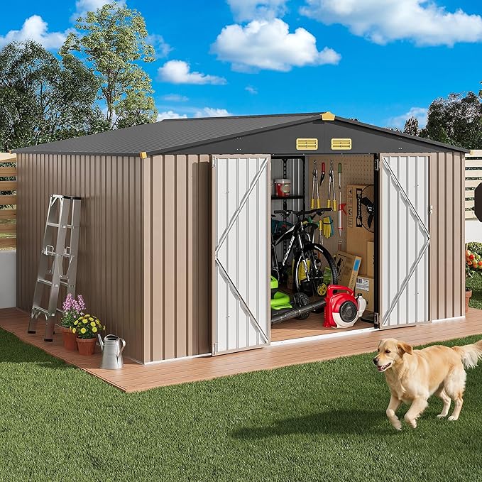 IRONCK 10x12FT Outdoor Storage Shed, Metal Garden Tool Shed with Breathable Vent and Lockable Doors, Outside Storage for Backyard, Poolside, Patio, Brown
