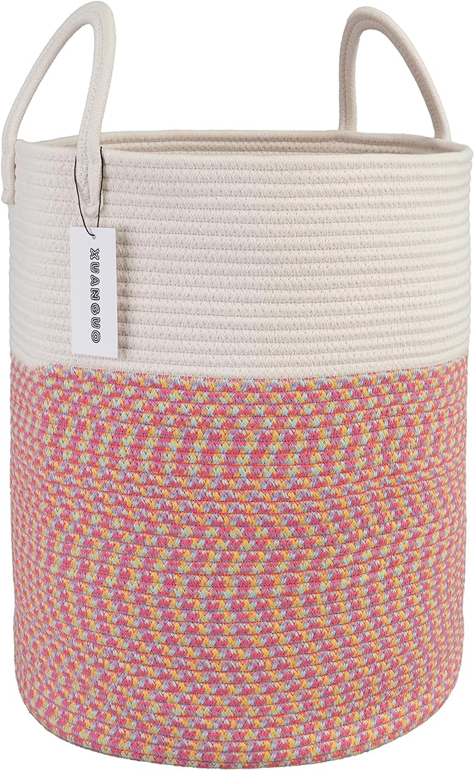 Cotton Rope Laundry Basket Hamper for Clothes Woven Storage Basket for Living Room Bedroom Boho Tall Rope Baskets for Blanket Toys Pillow Towels Baby Nursery Hamper Bin Large (multicolor)