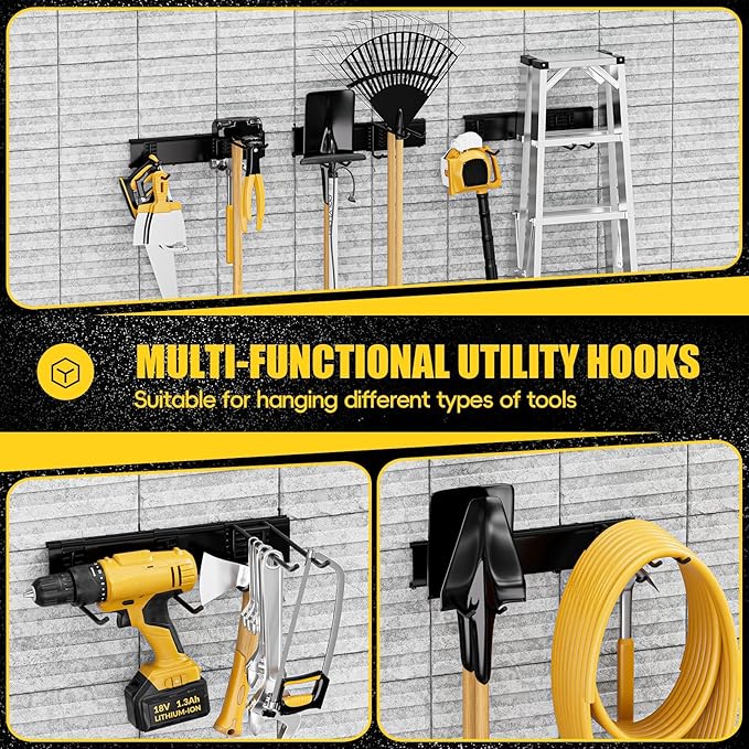 SPECILITE Garage Storages Tool Organizers, Wall Mount Garden Sturdy Rack 48 Inches with Adjustable Heavy Duty Metal Hooks for Yard Shed Max 485lbs