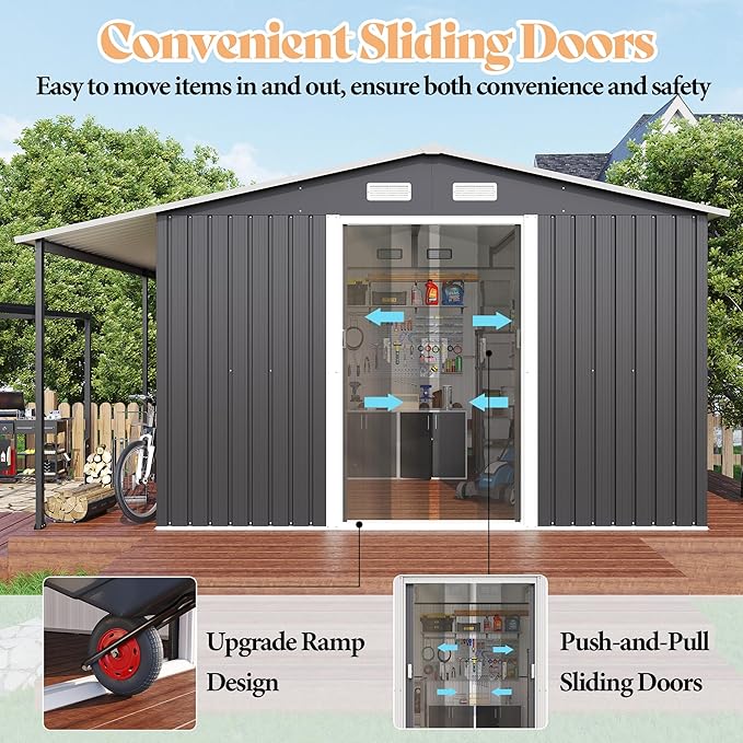 Jocisland 12x12x6.6 FT Galvanized Metal Storage Shed with Open Firewood Storage, Sliding Doors & Ramp, 2 Windows & Vents, Weather-Resistant Outdoor Tool/Garden Shed, Dark Grey/White