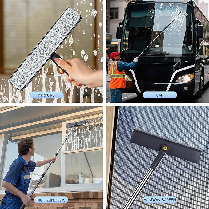 CTIME 62‘’ Window Washing Kit : 3 in 1 Window Squeegee for Home, Window Cleaning Kit with Scrubber&Rotating Head, Glass Cleaning Tools for Indoor/Outdoor with 3 Microfiber Cloths | Screen Brush