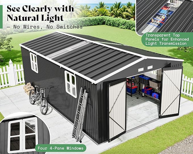 VanAcc 12x20x7.2 FT Outdoor Storage Shed with 2 Transparent Panels, Metal Garden Shed with Hinged Double Doors, Windows & Vents, Reinforced Steel Frame for Backyard Garden, DIY Workshop, Dark Gray
