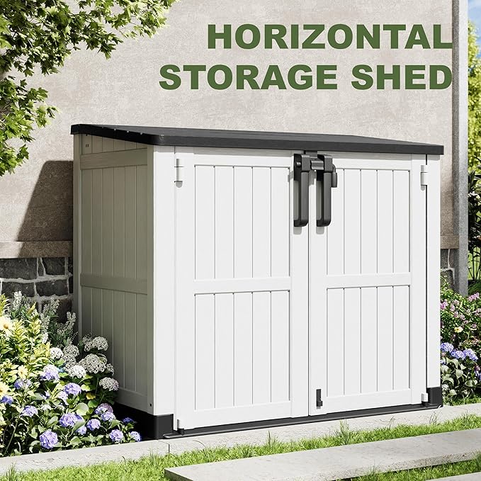 Plastic Outdoor Storage Shed, 36 Cu Ft Waterproof Outdoor Storage Cabinet with Dual Lock Door for Backyard, Patio, Garage, Garden to Store Tools & Accessories, Wood-Grain（Light Grey