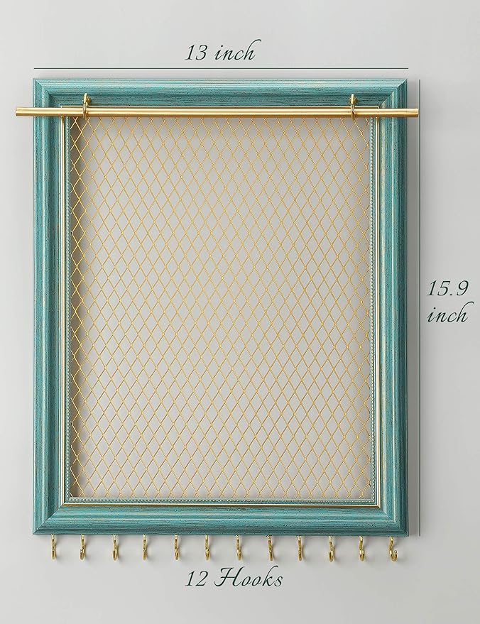 Heesch Hanging Earring Organizer Frame Wall Mounted Jewelry Holder Vintage Rustic Stud Earring Display with Removable Rod and 12 Hooks for Necklaces, Bracelets and Rings (Teal)