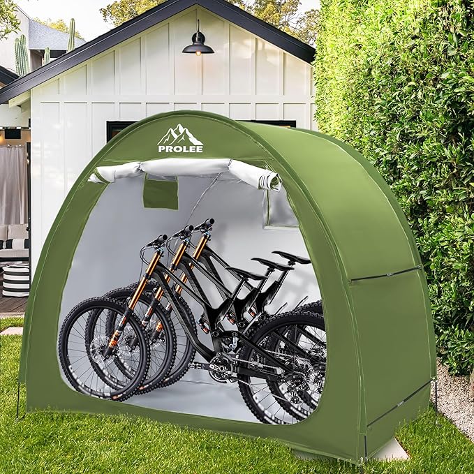 PROLEE Bike Storage Tent,Bike Shed 6.6FT, Waterproof Oxford Fabric Storage Tent for 2-3 Bikes, Outdoor Bicycle Storage with Window Design, Green
