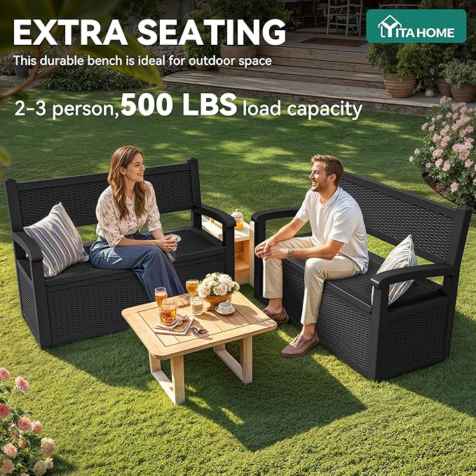 YITAHOME 70 Gallon Storage Bench Deck Box, Lockable Patio Bench, Waterproof Outdoor Pool Deck Storage for Patio Cushions, Garden Tools and Pool Supplies, Black