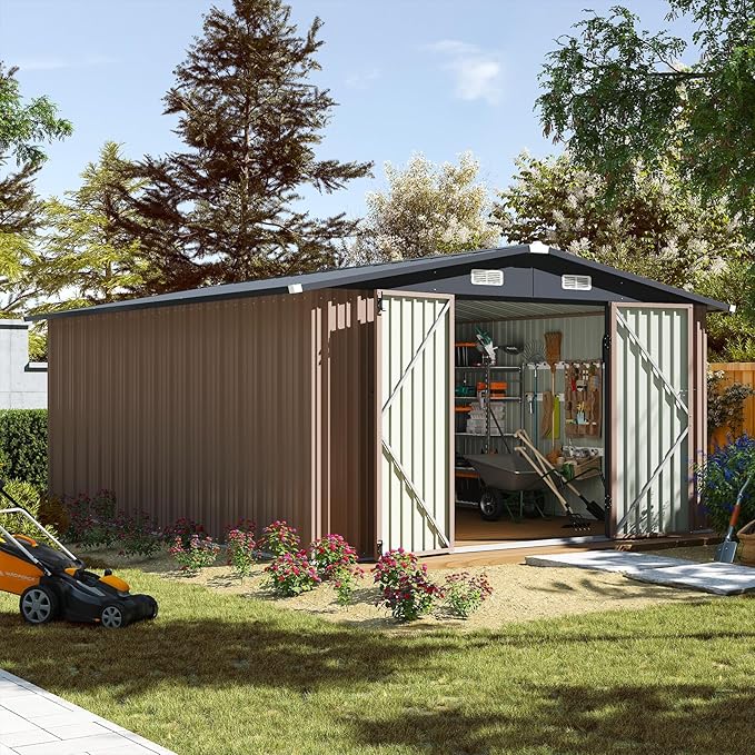 Aoxun 10 x 12FT Outdoor Storage Shed with Double Hinged Large Door Utility Garden Shed with Lockable Door & Sloped Roof Metal Sheds Outdoor Storage for Garden, Backyard, Patio and Backyard, Brown