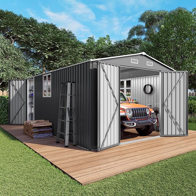 10x14x6.7FT Outdoor Storage Shed, Galvanized Steel Garden Shed with Lockable Door & Window, Waterproof Metal Tool Storage for Garden, Backyard, Patio, Lawn(Grey)