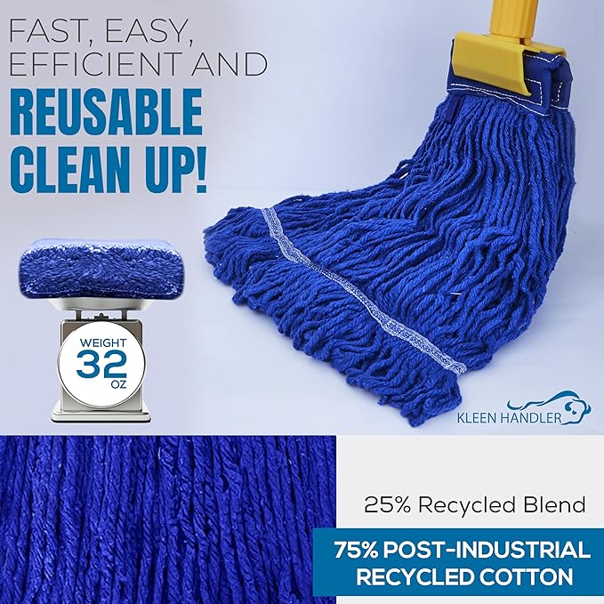 KLEEN HANDLER Blended Loop End Heavy Duty Mop Head Replacement, Wet Mop Refills for Industrial and Commercial Use, Dark Blue, 32 Oz (6-Pack)