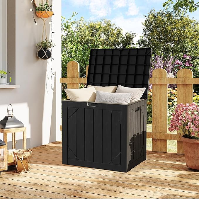 Outdoor Storage Box, 30 Gallon Lockable Resin Deck Box Waterproof, Patio Storage Bin for Furniture Cushion, Garden Tools and Pool Accessories, UV-Resistant Bench Cabinet for Outside, Black