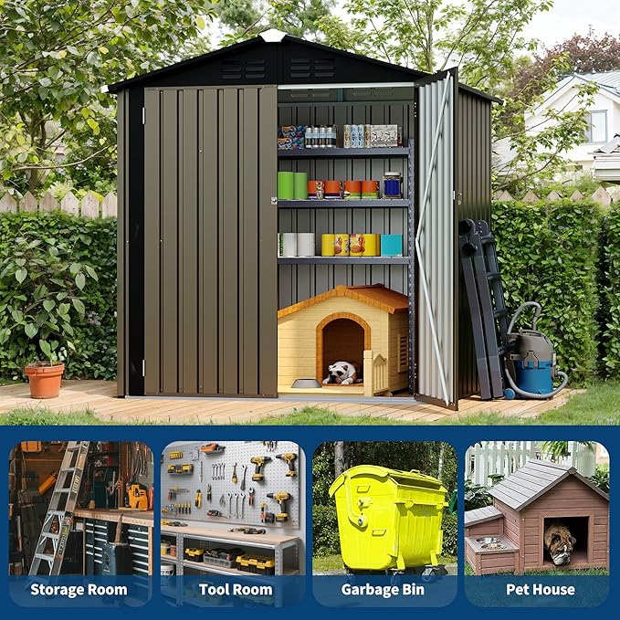 6x4 FT Outdoor Storage Shed, Garden Tool Storage Shed with Sloping Roof and Double Lockable Door, Outdoor Sheds with Panel Protection for Backyard Garden Patio Lawn