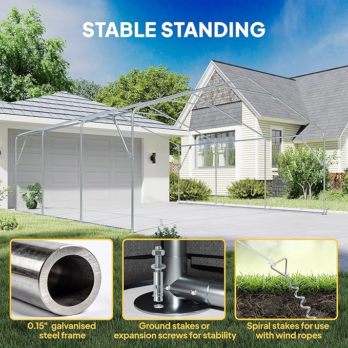 Outsunny 20' x 20' Heavy Duty Carport, Portable Garage Car Canopy Tent with Reinforced Galvanized Frame, 3 Roll-up Doors, 4 Mesh Windows for Cars, Trucks, Boats, Motorcycle, Bike, Dark Gray