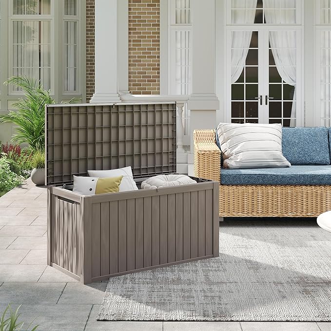 Outdoor Storage Box 180GAL Waterproof Resin Deck Box,UV-Resistant Lockable Package Delivery Bin for Garden Tools,Large Patio Outside Cushions,Pool Accessories Supplies,Chest,Light Coffee